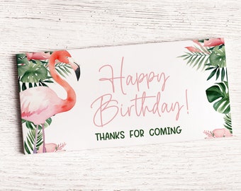 Flamingo Chocolate Bar Wrapper, Editable Tropical Leaf Pink Flower Design Instant Download, DIY Party Favor, Kids Girls Printable Label Z342
