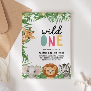 Safari Birthday Invitation Wild One Party Animals Printable Invite, Tropical Greenery Editable Template Instant Download Jungle Animal Z293