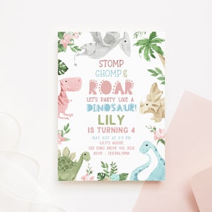 Dinosaur Girl Birthday Invitation Template, Pastel Pink Floral Jurassic TRex Editable Printable Instant Download Kids Party Dino Invite Z307