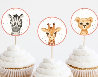 Toppers de cupcakes de animales de fiesta, plantilla editable Safari Jungle Animals Party Decor, Wild One Zoo Animal Cupcake Toppers imprimible DIY Z293