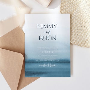 Blue Wedding Invitation Template, Ocean Wedding Invitation Printable, Watercolor Wedding Invitation, Minimalist Wedding Invite DIY WED61