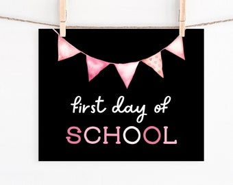 First Day of School Sign, Editable Chalkboard Poster Instant Download, DIY Printable Girls Pink & Black Back to School Sign Photo Prop