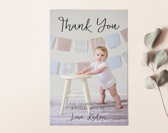 Carte de remerciement moderne avec photo, fête d'anniversaire d'enfants, modèle modifiable, téléchargement immédiat, note de gratitude numérique bricolage Z131