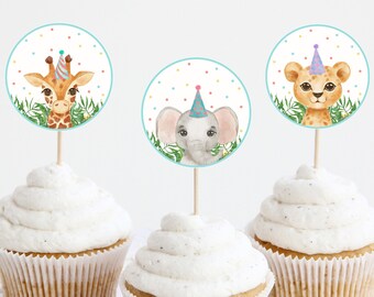 Party Animals Cupcake Toppers, Plantilla editable Safari Jungle Animals Party Decor, Wild One Zoo Animal Favor Tags Imprimible DIY Z293