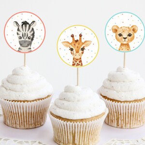 Feestdieren Cupcake Toppers, bewerkbare sjabloon Safari Jungle Dieren Party Decor, Wild One Zoo Animal Cupcake Toppers Afdrukbare DIY Z293
