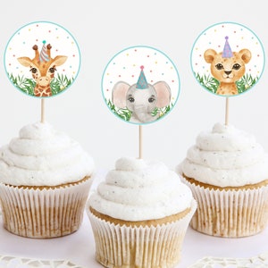Party Animals Cupcake Toppers, Editable Template Safari Jungle Animals Party Decor, Wild One Zoo Animal Favor Tags Printable DIY Z293
