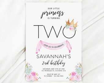 Pink Floral Princess Birthday Invitation, Printable 2nd Birthday Gold Crown Invitation Editable Template Magical Whimsical Royal DIY Z313