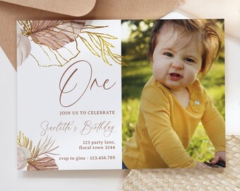 1st Birthday Photo Invitation, Boho Editable Printable Instant Download Modern Dried Flower Rustic Gold Leaf Earthy Muted Invite DIY Z320
