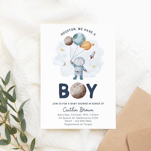 Editable Space Baby Shower Invitation Template Galaxy Outer Space It's a Boy Blue Planets Houston Moon Invite Instant Download Digital Z292