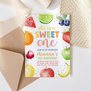 Convite de primeiro aniversário de frutas, doce, melancia suculenta, limão, modelo editável colorido, download instantâneo, faça você mesmo, convite para festa infantil Z341