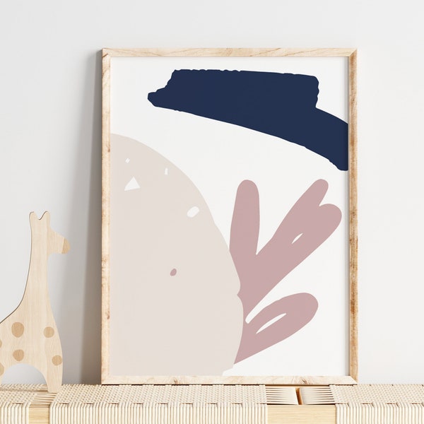 Modern Pastel Wall Art Printable, Abstract Pink Cream Navy Soft Nursery Wall Decor Colorful Brush Strokes Instant Download Print Wall Art