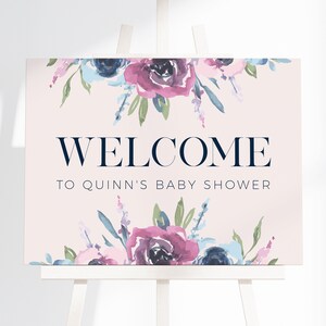 Modèle modifiable de signe de bienvenue de douche de bébé moderne, téléchargement immédiat imprimable Minimaliste aquarelle Floral violet et fard à joues pour une fille B57