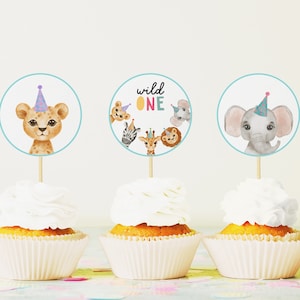 Party Animals Cupcake Toppers, Editable Template Safari Jungle Animals Party Decor, Wild One Zoo Animal Favor Tags Printable DIY Z293