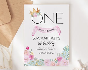 Princess 1st Birthday Invitation, Editable Princess Party Invitation, First Birthday Invitation Pink & Gold Instant Download Printable Z313