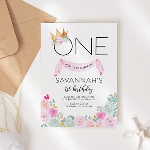 Princess 1st Birthday Invitation, Editable Princess Party Invitation, First Birthday Invitation Pink & Gold Instant Download Printable Z313