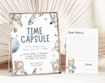 Space Time Capsule, Editable Template Printable DIY Instant Download Memory Keepsake for Kids Boys 1st Birthday Astronaut Galaxy Planet Z355