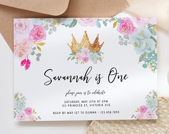 Princess 1st Birthday Invitation, Editable Princess Party Invitation, First Birthday Invitation Pink & Gold Instant Download Printable Z313