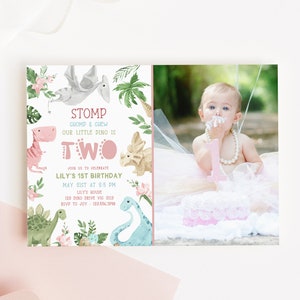Dinosaur Girl 2nd Birthday Invitation, Pink Blue Green Pastel Jurassic T-Rex Editable Printable Instant Download Party Invite Photo Z307