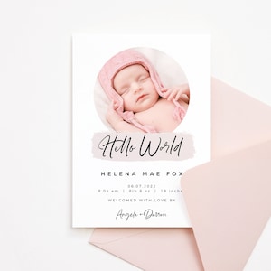 Cartão de anúncio de nascimento, cartão de anúncio de bebê, olá mundo, moderno e minimalista, anúncio de nascimento editável, blush rosa, menina, diy z28