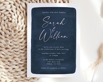 Navy Wedding Invitation Template, Modern Wedding Invitation Printable, Navy Blue Wedding Invitation, Watercolor Wedding Invite DIY WED11