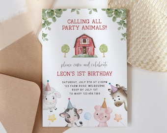 Editable Farm Animals Birthday Invitation, Boy Farm Barnyard First Birthday Party Farm Barn Animals Instant Download Template Printable Z294