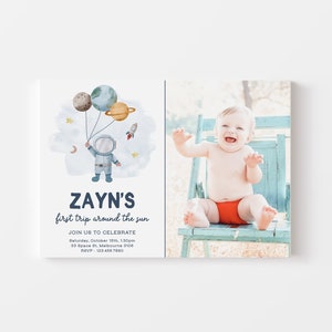 Editable Outer Space First Birthday Photo Invitation Galaxy Astronaut First Trip Around the Sun Download Printable Template Digital Z292