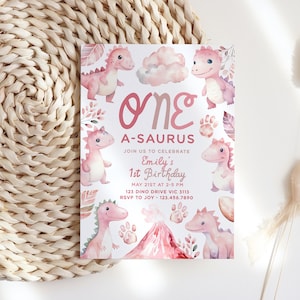 1. Geburtstag Dinosaurier Einladung, Mädchen rosa Aquarell Blumen Pastell Jurassic T-Rex bearbeitbare Vorlage druckbare DIY Sofort-Download Z347