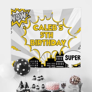 Superhero Backdrop Banner, Boys Comic Party Background, Editable DIY Template, Instant Download, Super Heroes Birthday Decorations Z303