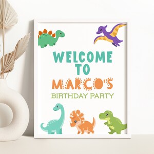 Editable Dinosaur Welcome Sign, Dinosaur Birthday Party Table Sign Boy Green Blue Orange T-tex Sign Template Printable Dino Party DIY Z306