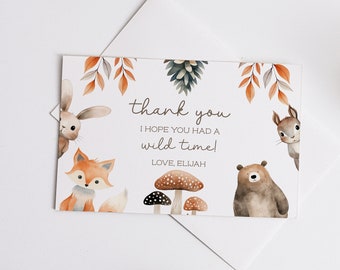 Woodland Thank You Card. 4x6 Editable Template Printable DIY Instant Download Forest Animals Bear Fox Bunny Birthday Party Note Z343