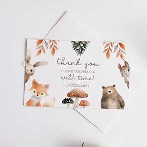 Waldland Dankes-Karte. 4x6 bearbeitbare Vorlage Druckbare DIY Sofortiger Download Waldtiere Bär Fuchs Hase Geburtstagsparty Hinweis Z343