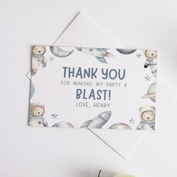 Space Thank You Card, 4x6 Editable Template Printable DIY Instant Download Kids Boys Astronaut Galaxy Planets Teddy Bear Thank You Note Z355