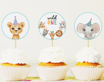 Party Animals Cupcake Toppers, Plantilla editable Safari Jungle Animals Party Decor, Wild One Zoo Animal Favor Tags Imprimible DIY Z293