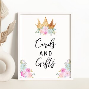 Editable Princess Party Sign, Printable Cards and Gifts Birthday Party Table Sign Template Baby Shower Pink Floral Gold Crown Sign DIY Z313