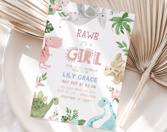 May include: A pink and blue baby shower invitation with a dinosaur theme. The invitation says "RAWR It's a Girl" and includes the name "Lily Grace".