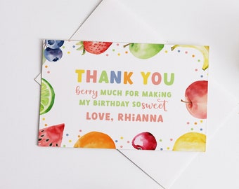 Fruit Thank You Card, Editable Template 4x6 Printable DIY Instant Download Berry Watermelon Banana Apple Kids Birthday Party Note Z341