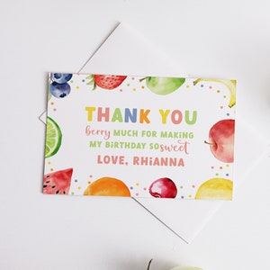 Obst-Dankeschön-Karte, bearbeitbare Vorlage 4 x 6 druckbare DIY Instant Download Beere Wassermelone Banane Apfel Kindergeburtstag Party Note Z341