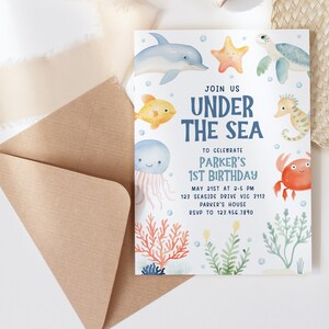 Invitación de cumpleaños bajo el mar, plantilla editable, imprimible, bricolaje, para niños, criaturas del océano, peces, cangrejos, delfines, tortugas, caballitos de mar, para cualquier edad, H8