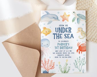 Invitación de cumpleaños bajo el mar, plantilla editable, imprimible, bricolaje, para niños, criaturas del océano, peces, cangrejos, delfines, tortugas, caballitos de mar, para cualquier edad, H8