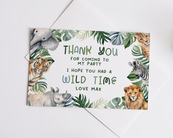 Safari Thank You Card, 4x6 Editable Printable DIY Jungle Zoo Boys Birthday Note Instant Download Lion Zebra Rhino Tiger Elephant Z345
