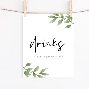 Drinks Sign Printable Party Drinks Sign Greenery Birthday Party Baby Shower Sign Neutral Help Yourself Drinks Table Sign Drinks Bar Z13