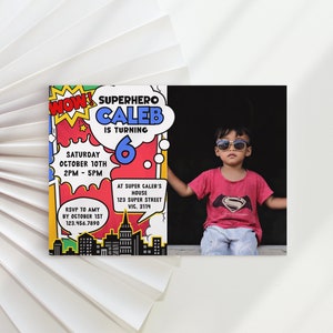 Faire-part d'anniversaire avec photo, bande dessinée super-héros, faire partie d'invitations modifiables pour enfants, téléchargement immédiat, bricolage numérique modèle Z301