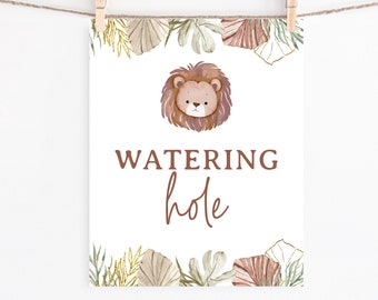 Watering Hole Table Sign, Jungle Safari 8x10 Editable Template Instant Download Lion Drinks Table Printable Sign Birthday Baby Shower Z324