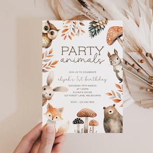 Invitation d’anniversaire d’animal de forêt, modèle modifiable d’amis de la forêt, aquarelle fantaisiste, téléchargement instantané, invitation de fête pour enfants DIY Z343