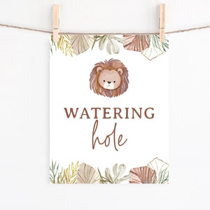 Watering Hole Table Sign, Jungle Safari 8x10 Editable Template Instant Download Lion Drinks Table Printable Sign Birthday Baby Shower Z324