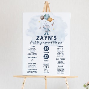 Segno della pietra miliare del compleanno dello spazio esterno Primo viaggio intorno al sole Ragazzo 1° compleanno Astronauta Galassia Pianeti Modello stampabile Poster Segno Z292