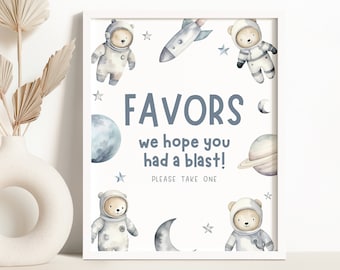 Favors Party Table Sign, Editable Printable Instant Download DIY Astronaut Outer Space Teddy Bear Kids Boys Birthday Baby Shower Decor Z355