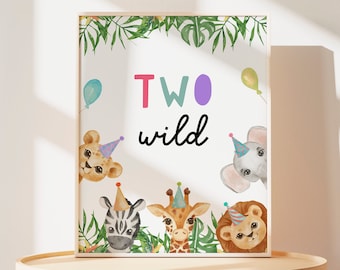 Two Wild Birthday Sign, Party Animal Safari Birthday Table Sign, 2nd Birthday Jungle Party Sign Printable Table Sign Zoo Animal Decor Z293
