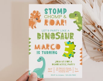 May include: A dinosaur-themed birthday party invitation with a green, blue, and orange color scheme. The invitation features a cartoon dinosaur with the text "STOMP CHOMP & ROAR! Let's party like a DINOSAUR MARCO is turning 3. Join us for a DINOTASTIC PARTY. April 20th, 2pm. At Marco's House, 123 Jurassic Street, Victoria 3114. RSVP to Ariana - 123.456.7890"
