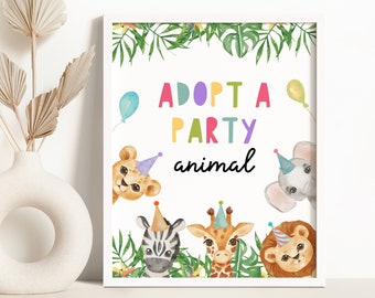 Adopt a Party Animal Birthday Sign, Jungle Safari Table Sign Party Decor Wild One Zoo Party Jungle Printable Editable Party Sign DIY Z293